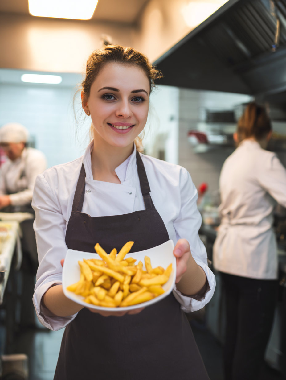 A chef shows off their perfect french fries cooked with Frylow