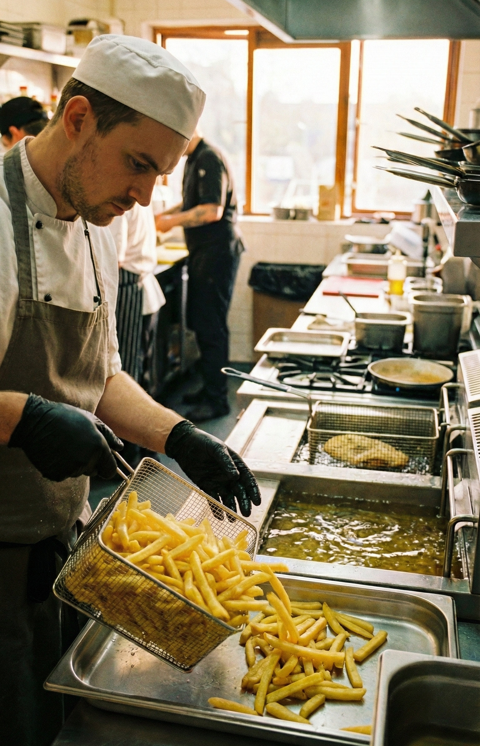 A fry kitchen chef prepares golden crispy french fries after using frylow