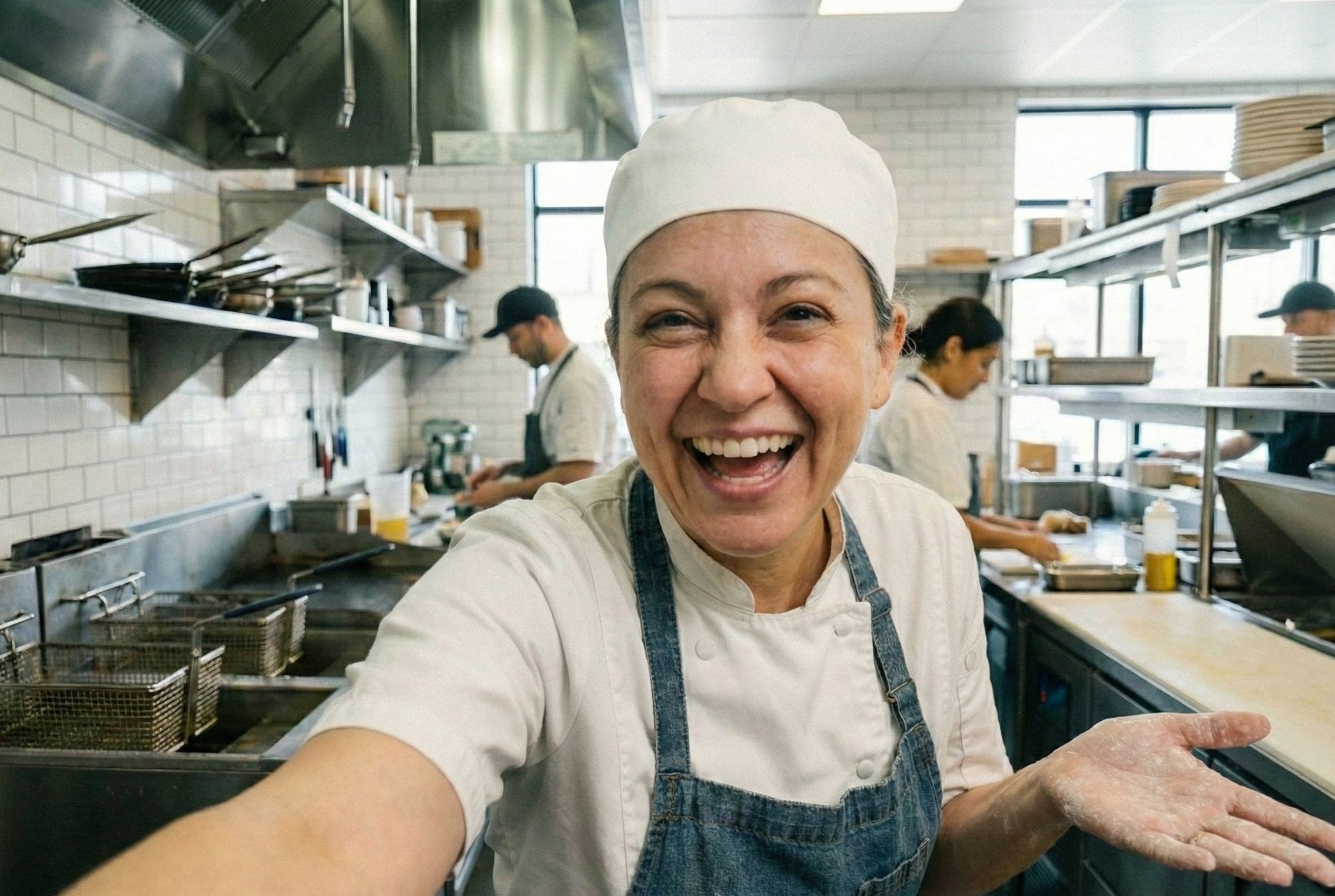 A restaurant chef that is a Frylow customer takes a selfie in her commercial kitchen