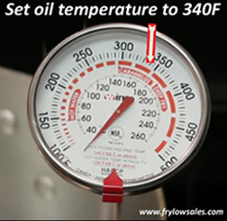 A temperature gauge showing how you can reduce cooking temperatures to 340F with Frylow, save on restaurant electricity and gas.