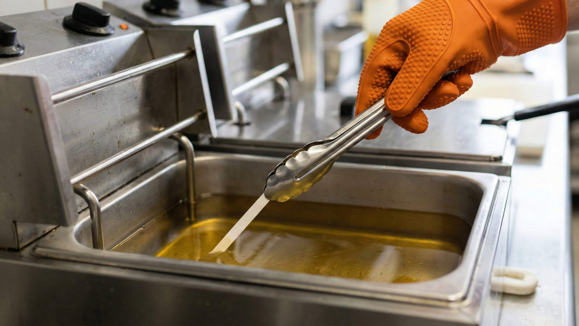 A heat protected hand uses tongs to insert a oil testing strip into a deep fryer to test oil quality.